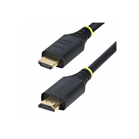Deux câbles HDMI noirs avec connecteurs dorés, anneaux jaunes et lettrage.