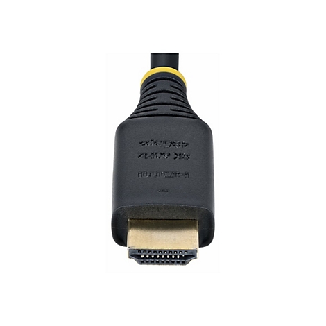 Gros plan sur un câble HDMI. Connecteur noir, contacts dorés, texte : 8K 60Hz 48Gbps. Accents jaunes.