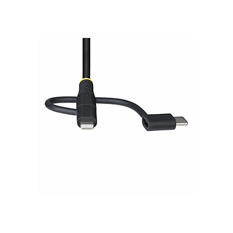 Câble de chargement noir avec connecteurs Lightning et USB-C sur fond blanc.