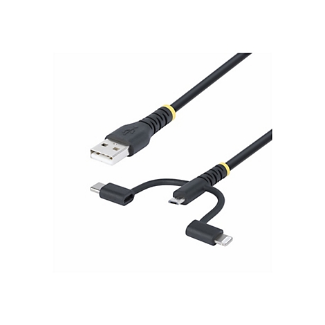 Câble USB noir avec trois connecteurs : USB-A, USB-C, Micro-USB et Lightning.