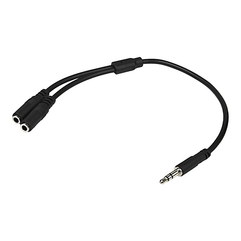 Schwarzes Audio-Kabel. Auf der einen Seite zwei Buchsen, auf der anderen ein Klinkenstecker.