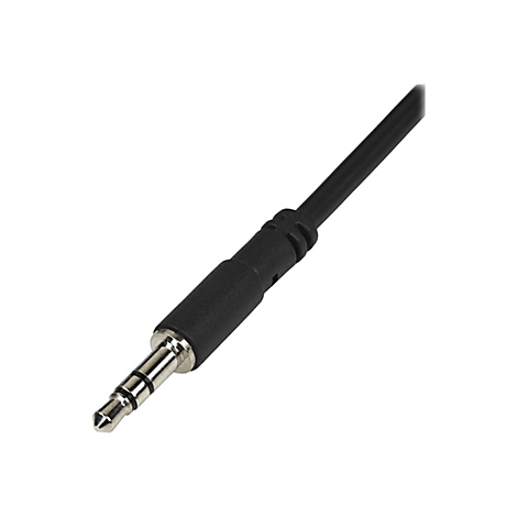 Nahaufnahme eines schwarzen 3,5 mm Klinkensteckers. Stecker aus Metall, Gehäuse schwarz.