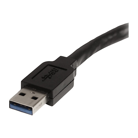 Ein schwarzes USB-3.0-Kabel, Stecker nah, Stecker hat das USB-Logo.