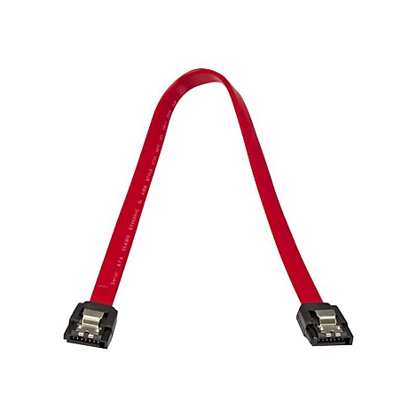 Rotes SATA-Kabel mit zwei schwarzen Steckern auf weißem Hintergrund.