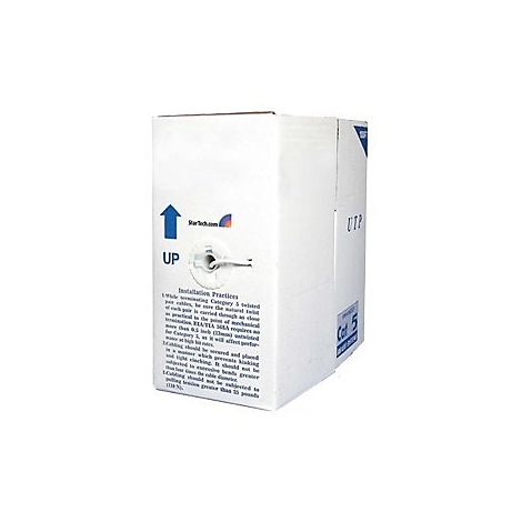 Kabeltrommel mit Aufdrucken und Pfeil. Beschriftung: StarTech.com, UTP, Cat 5.