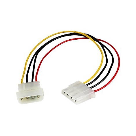 Ein Kabeladapter mit 4-Pin- und Molex-Anschlüssen. Kabel in Gelb, Schwarz und Rot, mit weißen Steckern.