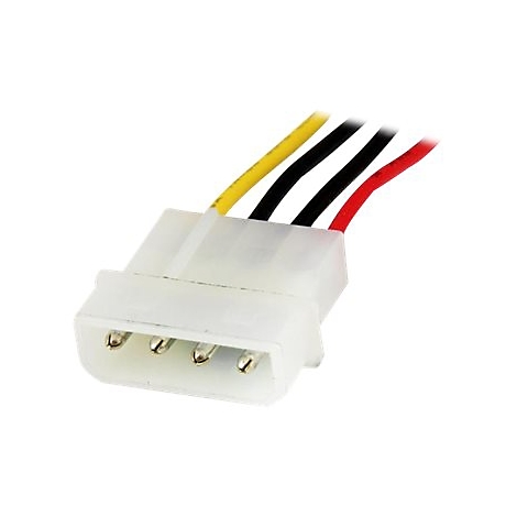 Nahaufnahme eines weißen Stromanschlusses mit vier Pins und farbigen Kabeln: gelb, schwarz, rot.