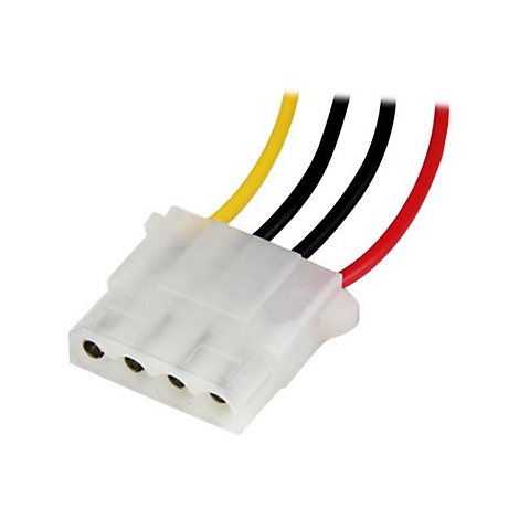 Nahaufnahme eines weißen Stromanschlusses mit vier Pins und gelben, schwarzen und roten Kabeln.