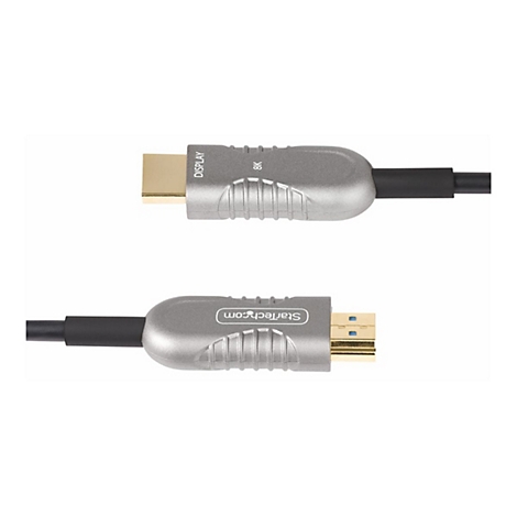 Deux câbles HDMI gris avec des connecteurs dorés sur fond blanc. L'un porte l'inscription 'DISPLAY 8K' et l'autre 'StarTech.com'.