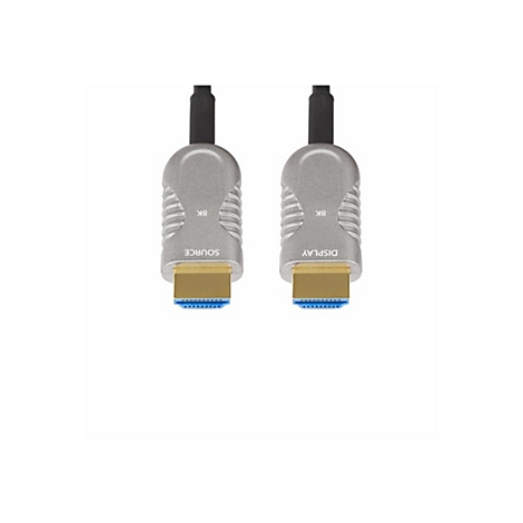Deux câbles HDMI argentés avec des extrémités de câble noires et des connecteurs dorés. Sur un connecteur est écrit "SOURCE", sur l'autre "DISPLAY".
