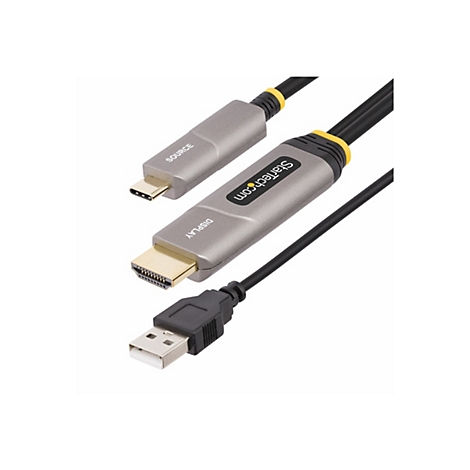 Un câble HDMI et USB gris avec connecteurs USB-C et USB-A. Les boîtiers portent les inscriptions "SOURCE", "DISPLAY" et "Startech.com".