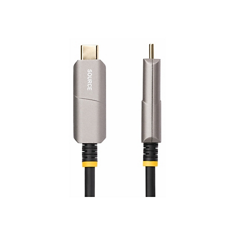 Un câble USB-C vers USB-A gris sur fond blanc. La tête du câble est USB-C, avec "SOURCE" imprimé dessus. Le connecteur est doré.