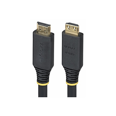 Deux câbles HDMI noirs avec des connecteurs dorés et un logo. L'un affiche l'inscription DISPLAY 4K 60Hz.