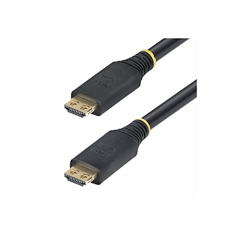 Un câble HDMI noir avec des connecteurs dorés, présenté sur un fond blanc. On peut voir des inscriptions telles que "4K 60Hz" et "Display" ou "Source" sur le connecteur.