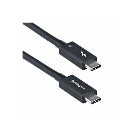 Câble USB-C noir avec connecteurs. Un connecteur porte le chiffre "5" et un symbole d'éclair, l'autre porte l'inscription "StarTech.com."