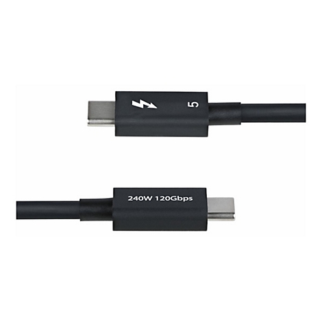 Câble Thunderbolt noir avec connecteurs USB-C. Sur un connecteur, le symbole de l'éclair et le chiffre 5, sur l'autre 240W 120GBps.
