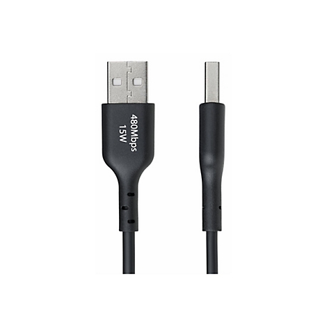 Un câble USB noir présenté sur fond blanc. Le connecteur USB-A est à gauche et le connecteur USB-C à droite.