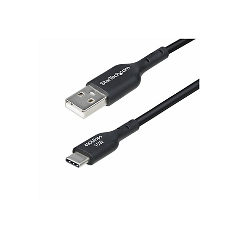 Câble USB noir avec connecteur Type-C. Le câble indique StarTech.com et 480Mbps 15W.