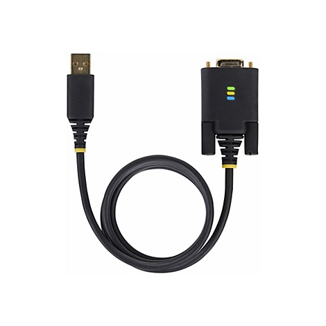 Câble adaptateur USB vers RS232 noir. Une extrémité connecteur USB, l'autre extrémité connecteur RS232 avec LED de contrôle. Courbe du câble.