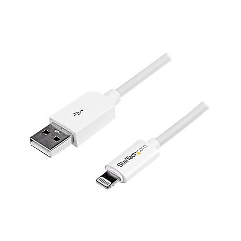 Weißes USB-Ladekabel mit Lightning-Anschluss. Beide Enden sind sichtbar.