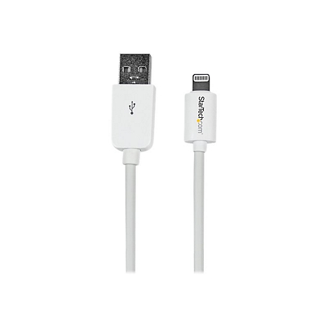 Weißes USB-auf-Lightning-Kabel. Auf dem Lightning-Stecker steht Startech.com.