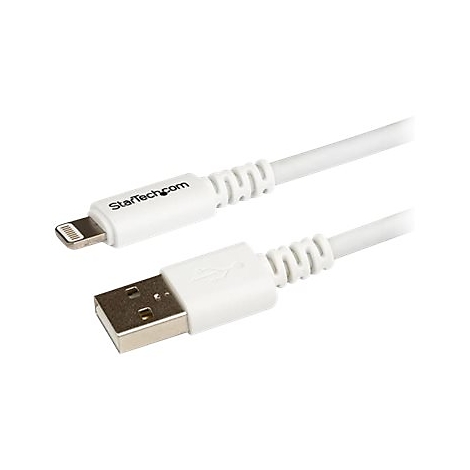 Weißes Lightning-auf-USB-Kabel, mit StarTech.com Logo. Stecker, Kabel und Anschlüsse klar erkennbar.