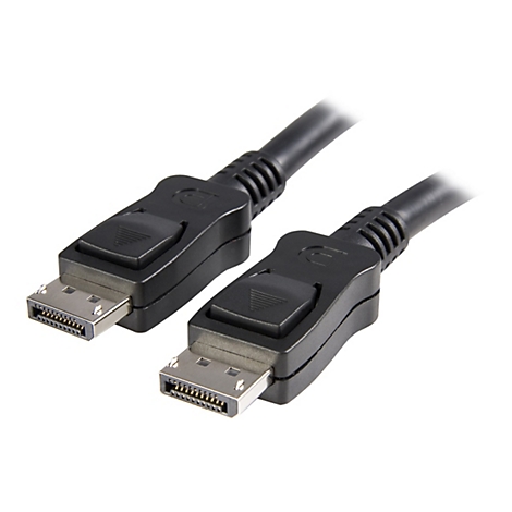 Zwei schwarze DisplayPort-Kabel mit Steckern; weißer Hintergrund.