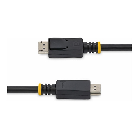 Schwarzes DisplayPort Kabel, Stecker an den Enden, gelbe Ringe.