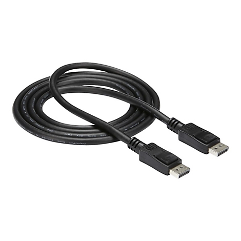 Schwarzes DisplayPort-Kabel mit Steckern an beiden Enden; liegt auf weißem Hintergrund.