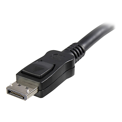Nahaufnahme eines schwarzen DisplayPort-Kabels, das auf weißem Hintergrund liegt. Der Stecker ist im Fokus.
