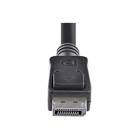 Nahaufnahme eines schwarzen DisplayPort-Kabels, Stecker im Fokus. Schwarzer Stecker mit Druckknopf und Anschlüssen in grau und gold.