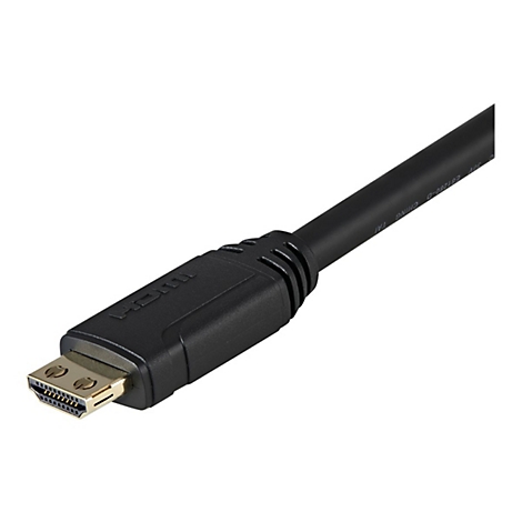 Nahaufnahme eines schwarzen HDMI-Kabels mit goldenen Kontakten.