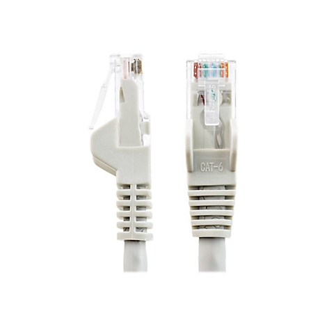 Zwei graue CAT-6-Ethernet-Kabel, nebeneinander, mit transparenten Steckern. Auf einem ist CAT-6 geschrieben.