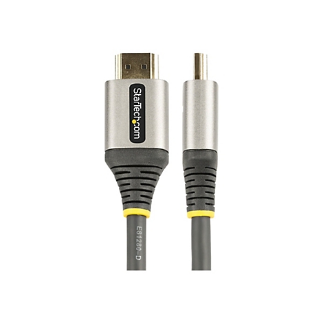 Ein HDMI-Kabel mit grauen Metallenden und einem grauen Kabel, das auf weißem Hintergrund abgebildet ist. Auf einem Ende ist das Logo von Startech.com zu sehen.