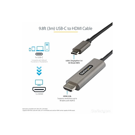 Ein graues USB-C-auf-HDMI-Kabel. Aufschrift: StarTech.com. Das Kabel hat einen USB-C- und einen HDMI-Anschluss. Text: 9,8ft (3m) USB-C auf HDMI-Kabel.