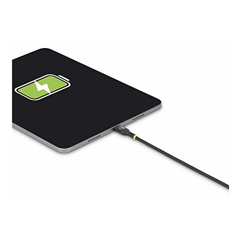 Ein schwarzes Tablet, das über ein Kabel aufgeladen wird, mit einem grünen Batteriesymbol. Das Kabel hat einen gelben Akzent.