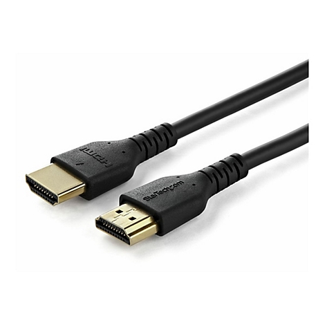 Deux câbles HDMI noirs avec des connecteurs dorés et le logo Startech.com.