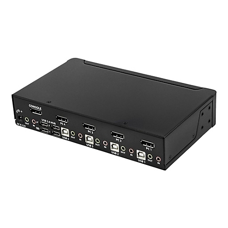 Schwarzer KVM-Switch mit zahlreichen AnschlÃ¼ssen, wie USB, HDMI und Audio, fÃ¼r verschiedene GerÃ¤te.