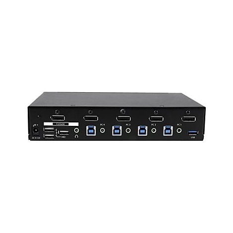 Schwarzer KVM-Switch mit mehreren AnschlÃ¼ssen. Aufschrift: Console, PC 1-4, sowie USB- und HDMI-AnschlÃ¼sse.