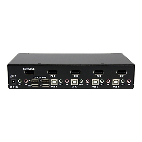 Schwarzer KVM-Switch mit verschiedenen AnschlÃ¼ssen. Die Beschriftung umfasst CONSOLE, USB 2.0 HUB, PC1-4 und USB 1-4.