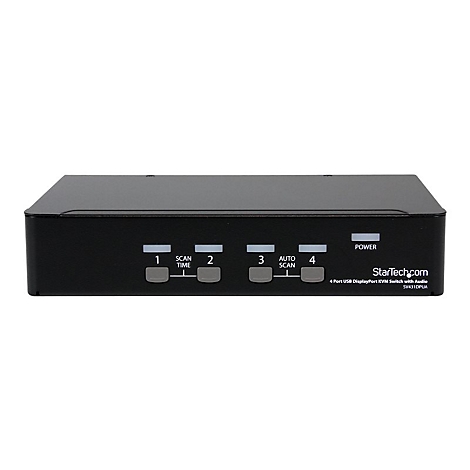 Schwarzer KVM-Switch mit vier Tasten, beschriftet mit 1, 2, 3, 4. Aufschrift: StarTech.com, Power, Auto Scan. WeiÃŸer Hintergrund.