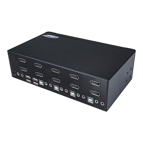Schwarzer HDMI-Switch mit mehreren Ports, umgeben von weiÃŸen Hintergrund.