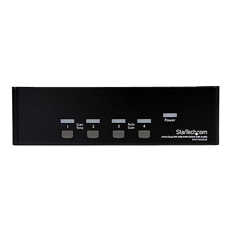 Schwarzer DVI USB Switch mit KnÃ¶pfen fÃ¼r Scan, Auto-Scan und Strom. Aufdruck: StarTech.com.