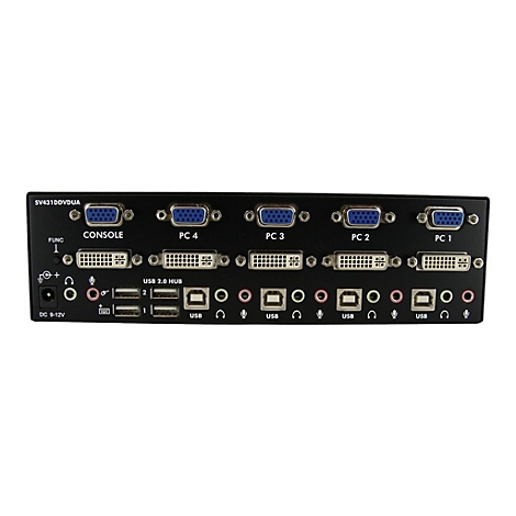 Schwarzer KVM-Switch mit VGA-, DVI-, USB- und AudioanschlÃ¼ssen. Beschriftet mit Konsolen- und PC-Ports.