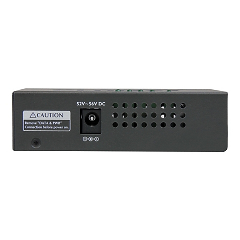 Nahaufnahme der RÃ¼ckseite eines schwarzen Netzwerk-Switches. Aufkleber mit Warnhinweis, Anschluss fÃ¼r Stromversorgung und LÃ¼ftungsschlitze sichtbar.