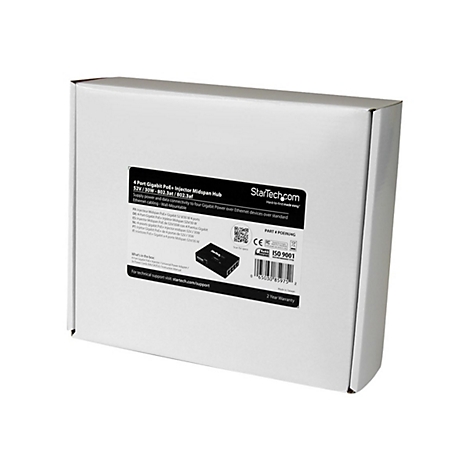 WeiÃŸe Box mit Aufdrucken, darunter ein schwarzes Produkt und der Schriftzug 'StarTech.com'.