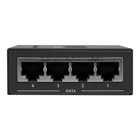 Ein schwarzer Netzwerk-Switch mit vier Ethernet-AnschlÃ¼ssen. Unter den AnschlÃ¼ssen steht 'DATA', sowie die Nummern 1 bis 4.