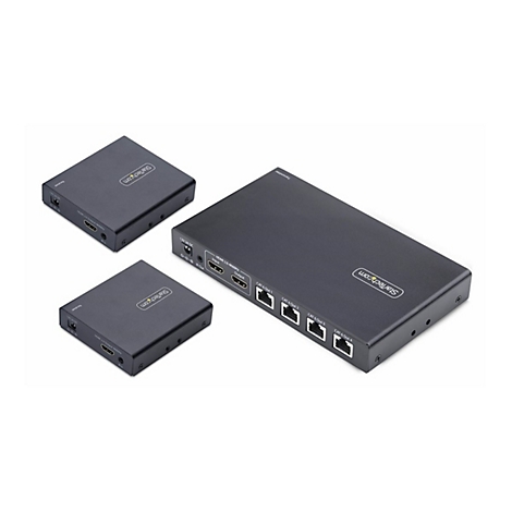Trois extentions HDMI noirs : deux récepteurs carrés et un émetteur allongé. Tous les appareils portent le logo StarTech.com.