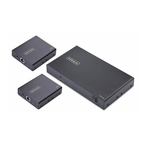 Trois appareils StarTech.com noirs sur fond blanc. Deux petits récepteurs et un émetteur plus long.