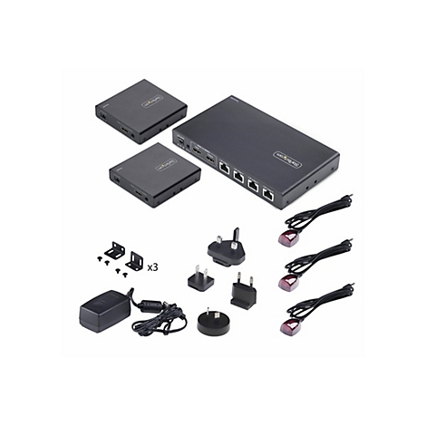 Vue de dessus d'un appareil électronique noir, avec des accessoires tels que des câbles d'alimentation, des adaptateurs d'alimentation, des récepteurs IR et du matériel de montage.